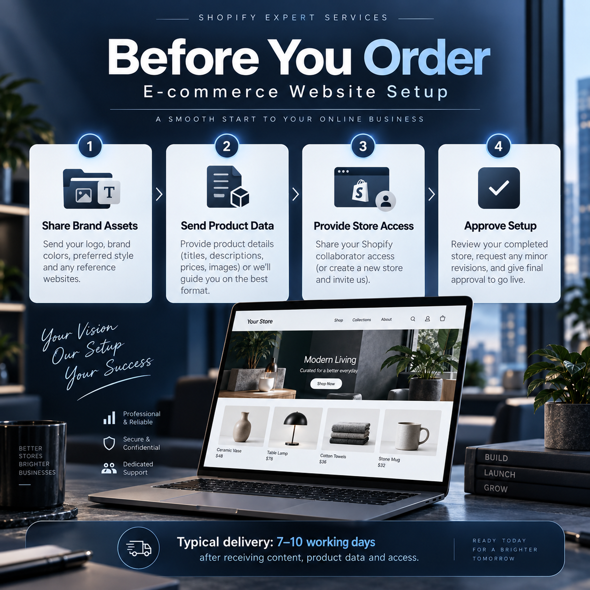 Before ordering E-commerce Website Setup: brand assets, product data, store access and approval process