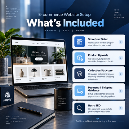 E-commerce Website Setup inclusions: storefront setup, product uploads, collections, payment guidance and basic SEO