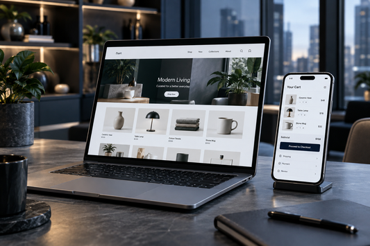 Premium ecommerce storefront and mobile cart interface in a modern workspace
