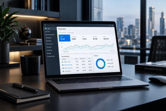 Realistic digital advertising analytics workspace