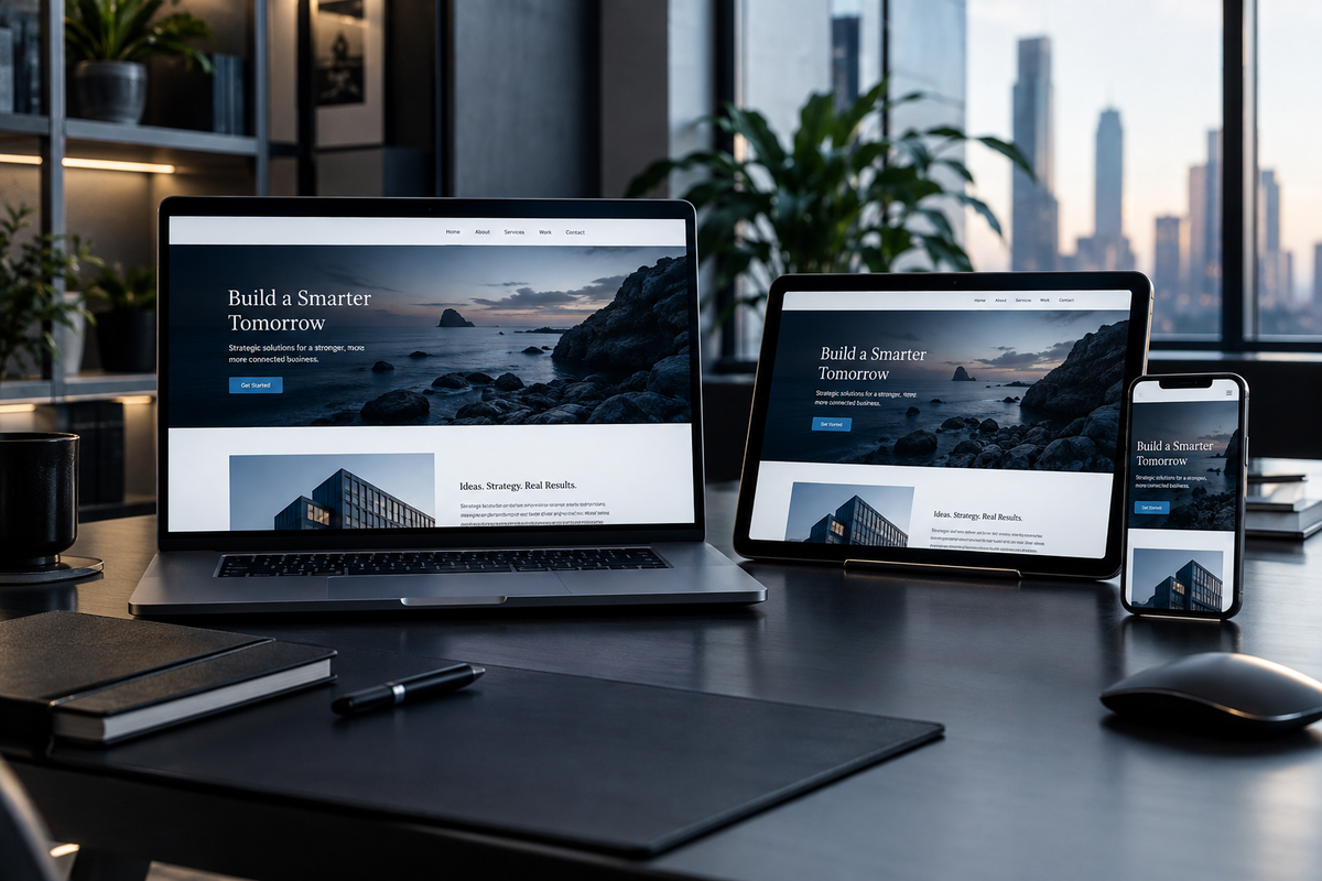 Realistic responsive landing page design workspace